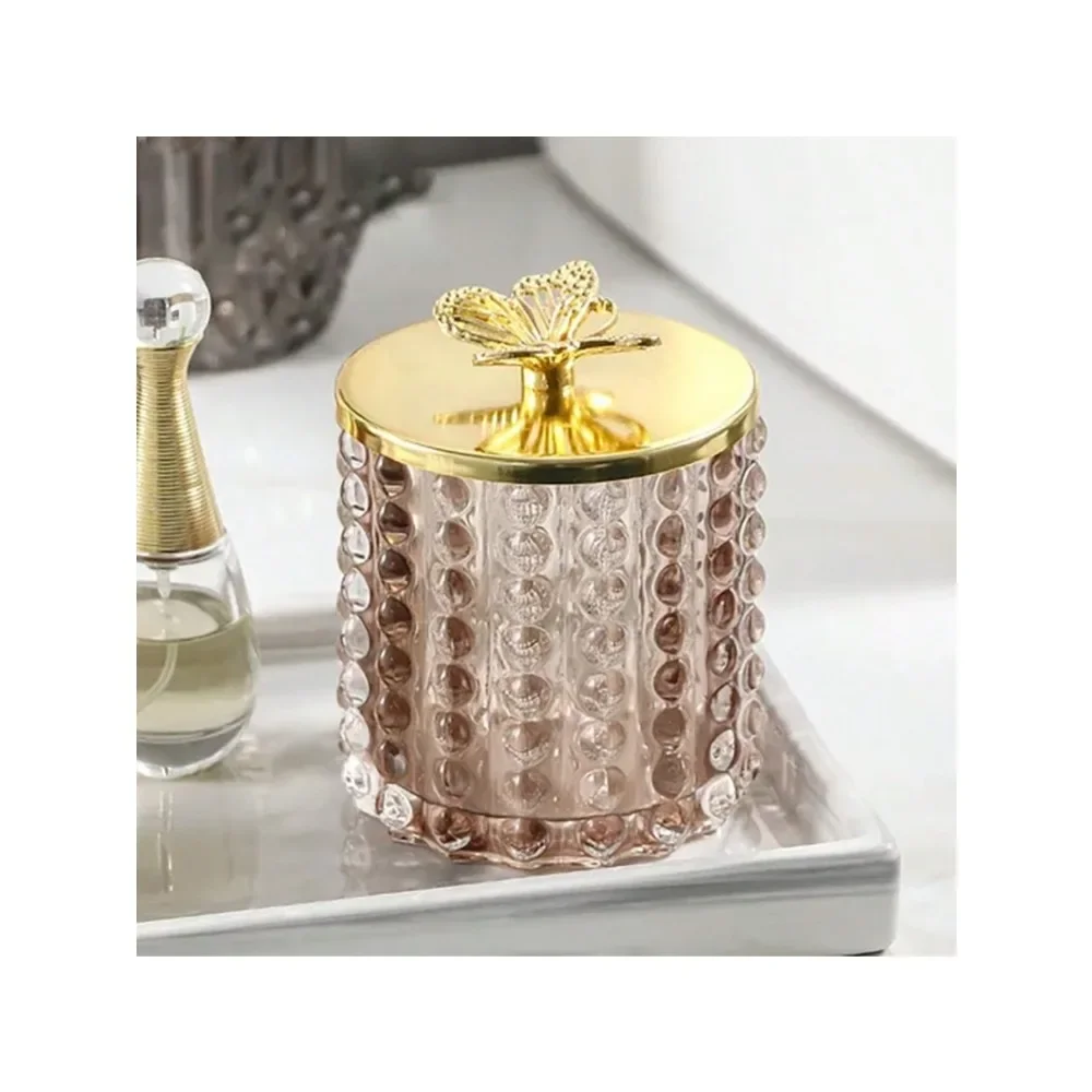 Creative Irregular Glass Jar Cotton Swab Storage Box Cosmetic Jewelry Jar Gold-Plated Butterfly Cover Sundries Glass Jar Decor