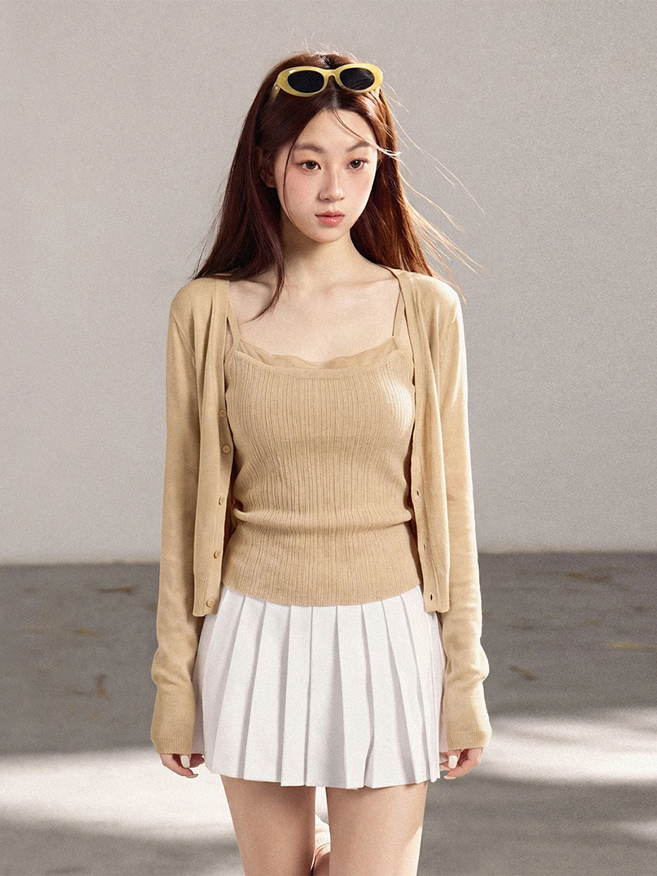 

Lace Trim Spliced Cardigan with Strap Vest Top And Thin Veil Outerwear Two-Piece Set for Women Gentle Style Slim Fit Long Sleeve