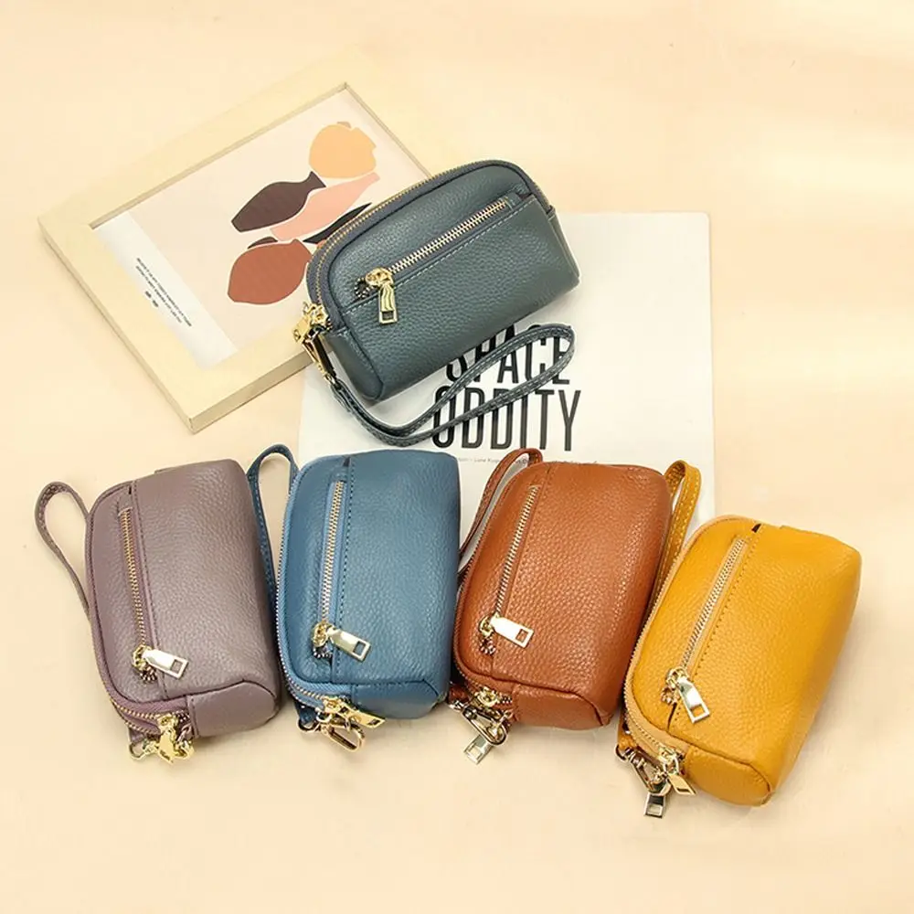 Fashion Cowhide Leather Wallets Solid Color Multi Functional Coin Purse Three Zipper Casual Change Bag for Women