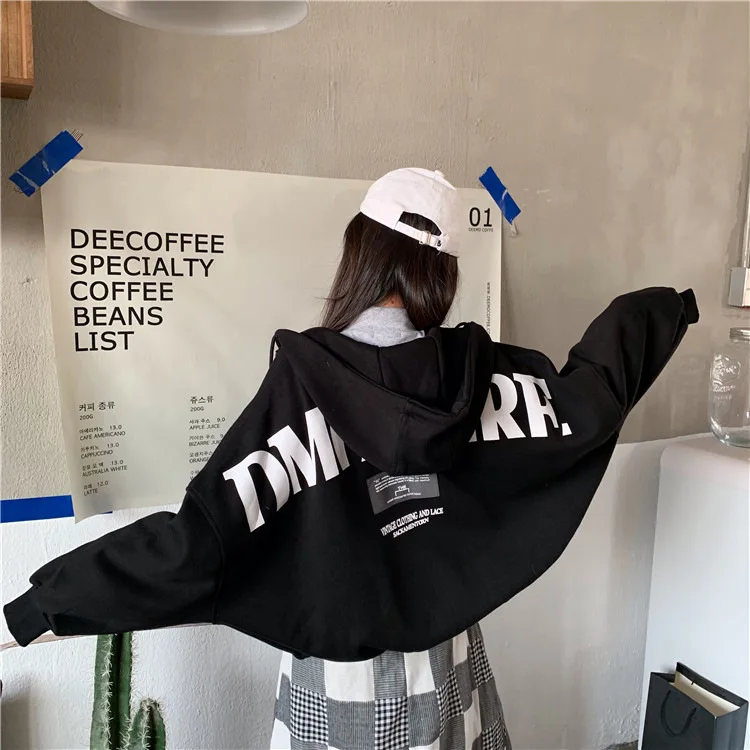 Women Hoodie Velet Coat Hood Streetwear Batwing Sleeve Autumn Loose Hooded Letters Print Plush Zipper Oversized Top