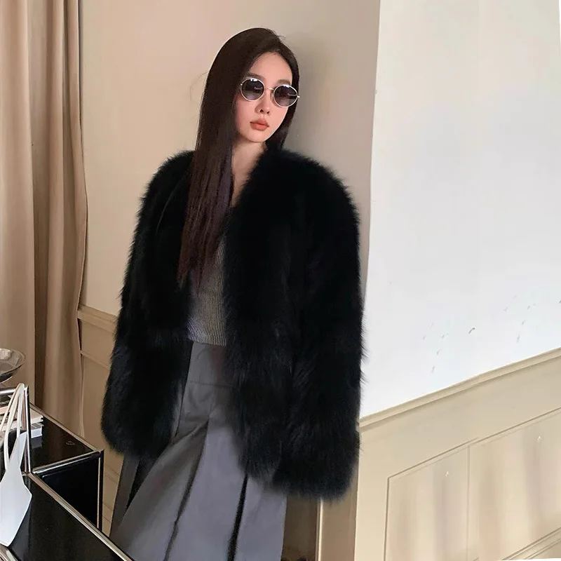 Faux Fox Fur Coats Women Splice Mid Length Jackets Stand Collar Loose Open Stitch Elegant Full Sleeve Coat Top Thick Outerwear