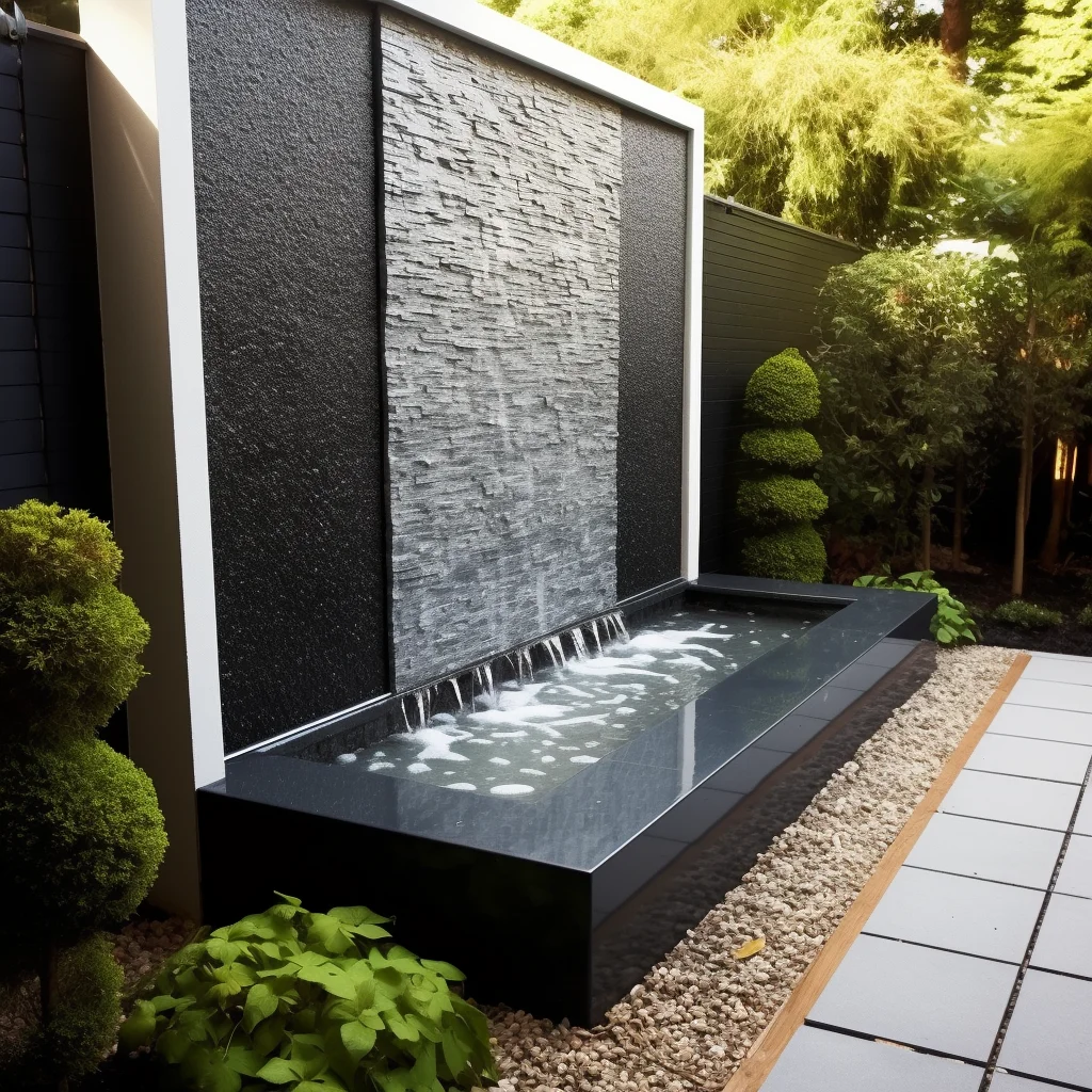 تتميز ديكور داخلي خارجي للمنزل والحديقة، نافورة شلال جدارية كبيرة وحديثة من الجرانيت الأسود