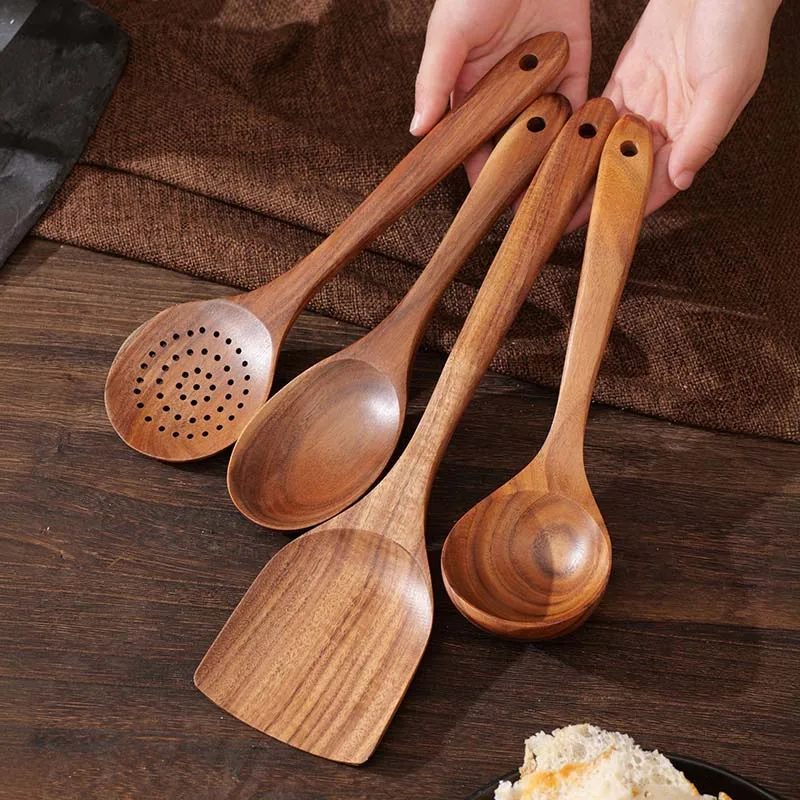 

Teak Wooden Utensil Set 5-Piece - Natural Cooking Spoons, Spatula, Slotted Spoon, Salad Server, Non-Scratch Eco-Friendly Kitchen