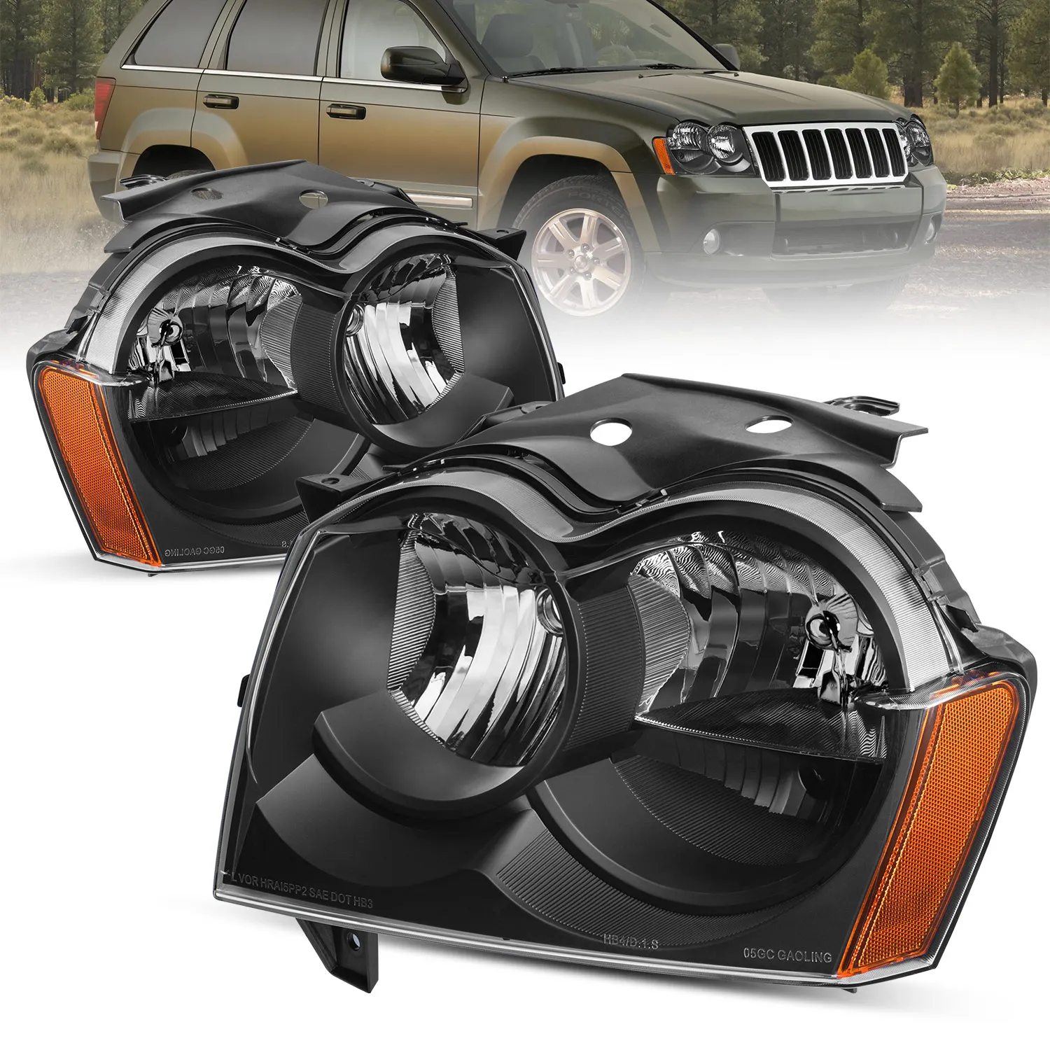 

2PCS Black Housing Headlights Assembly For 2005-2007 Jeep Grand Cherokee Sport