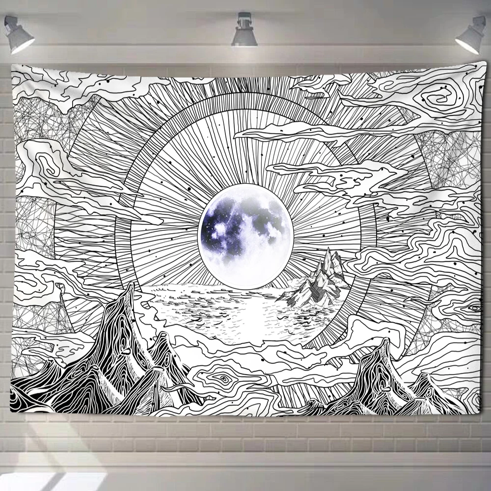 

Sun and Moon Mandala Tapestry, Wall Hanging, Celestial, Hippy, Dormitory Decoration, Psychedelic TA, Black and White