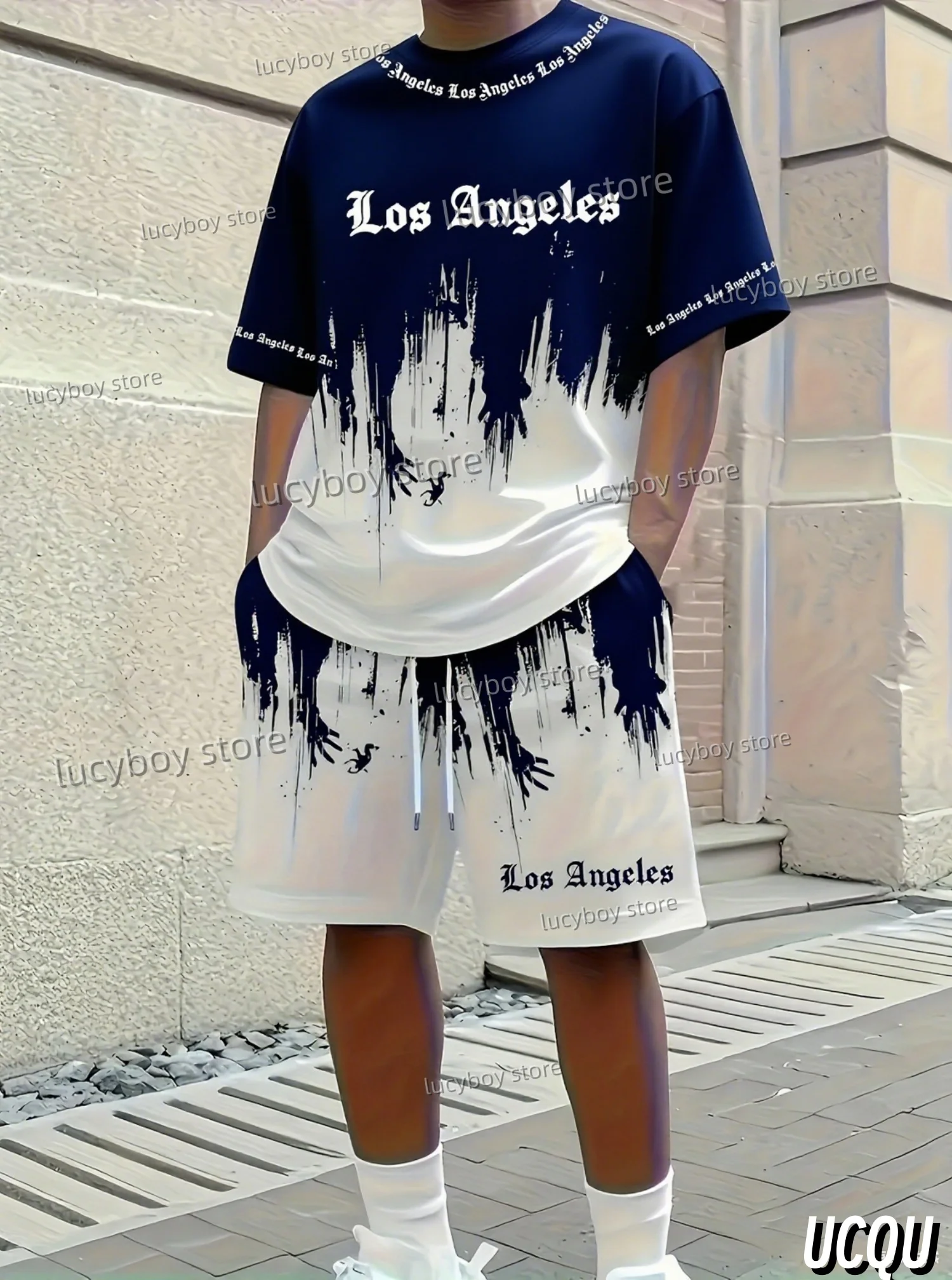 Summer Los Angeles Letter 3D Graffiti Pattern Men's Suit 2 Pieces Set Casual Suit Sports Set Men's Tracksuit Oversized Clothes