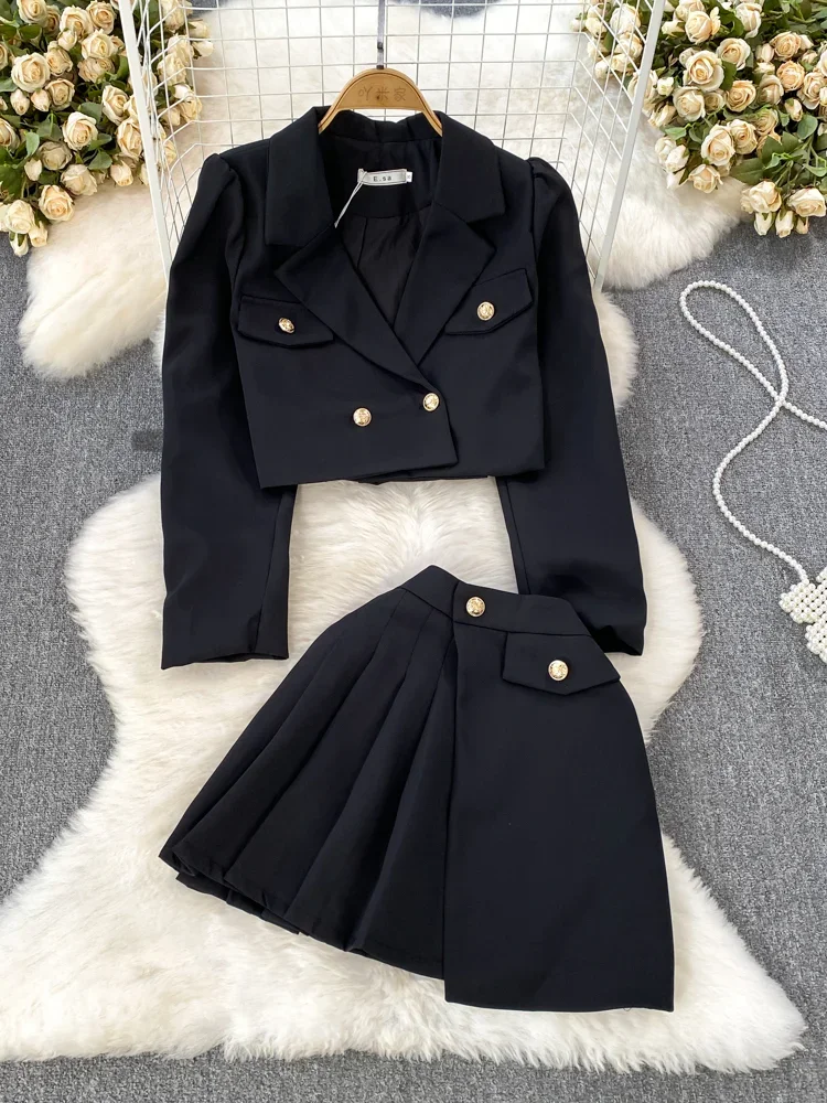 Blazer Skirt 2-Piece Set 2024 Autumn British Style Suit Short Coat High Waist Pleated Skirt Socialite Elegant Fashion Sets Women