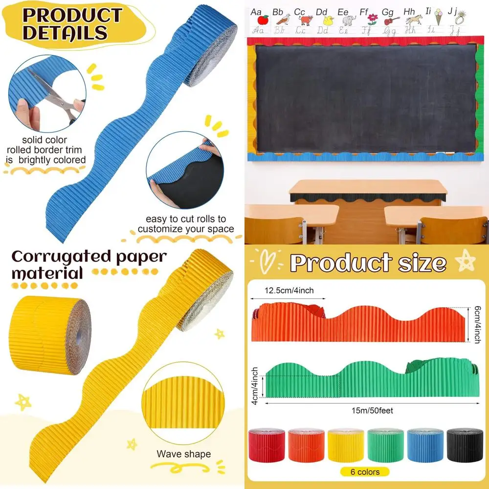 

6 Pack 300ft Scalloped Edge Bulletin Board Borders, Classroom Decor, 6 Colors, 100 Days of School Supplies