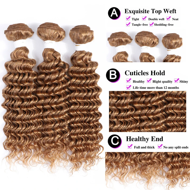 Tissage en Lot Brésilien Naturel Remy avec Closure, Couleur Blond Miel, Deep Wave, 3 Lots