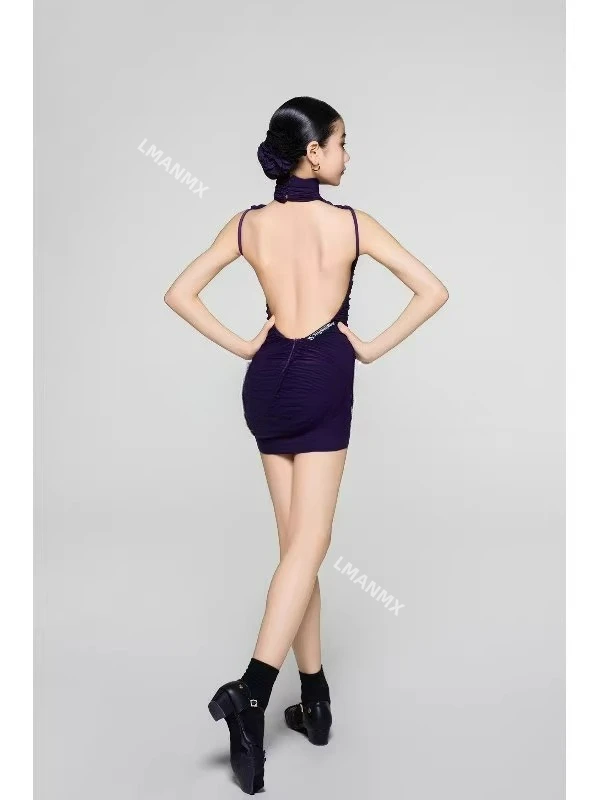 2025年新作 ラテンダンス 春夏 ハイネック 折りたたみ式 ノースリーブ オープンバック ヒップ練習着 女の子用