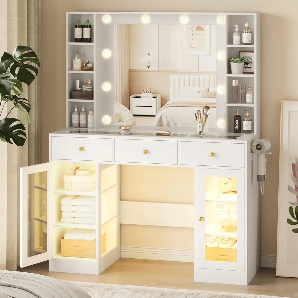 

Illuminated Glass Top Makeup Vanity Desk with Power Outlet and 3-Color Lighting for Women and Girls