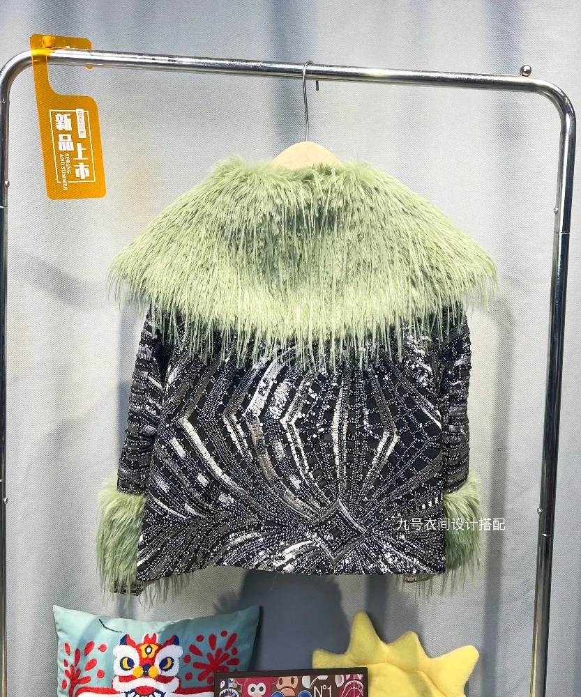 2025 Winter New European Style Faux Fur Coat Lady Fashionable Korean Version Heavy Sequin Loose Short Coat for Women