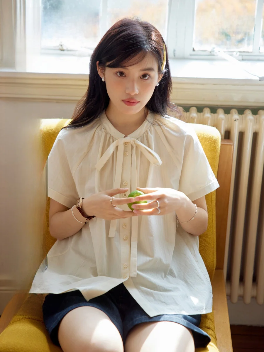 

Yellow irt Women's Summer New round Ne Knot oulder Sve Insertion Cotton Top Comfortable Retro Sle Commute