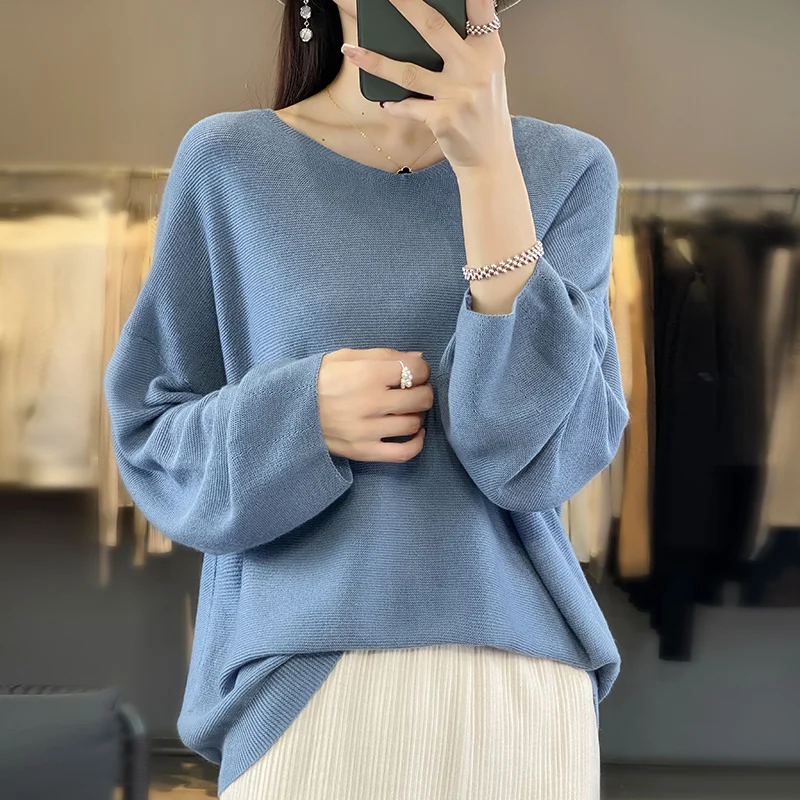 

Women's Pullover Spring/Autumn Worsted Wool Sweater Casual Solid Color Knitwear Ladies' Tops Loose V Neck Blouse Bat Sleeves