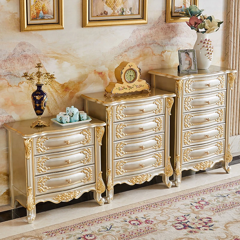 

European solid wood chest American luxury bedroom living room carved locker champagne gold storage cabinet 3456 drawer cabinet