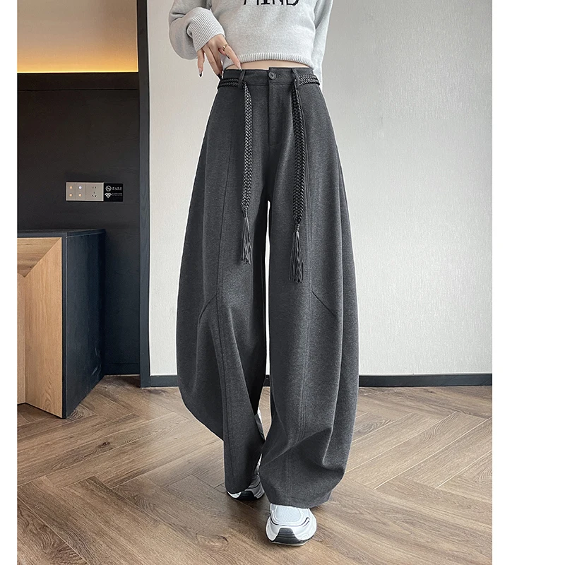 Damskie wełniane spodnie jesienno-zimowe z wysokim stanem, szerokimi nogawkami, kieszeniami, eleganckie spodnie z paskiem, styl OL, nowość 2025, rozmiary S-XXL