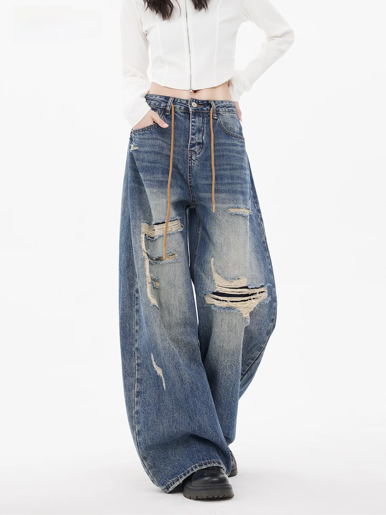 

High Waist Dstring American Sle Wide Leg Jeans Women's Slimming Loose Fit Jeans Fake Ripped Casual High Waist Jeans