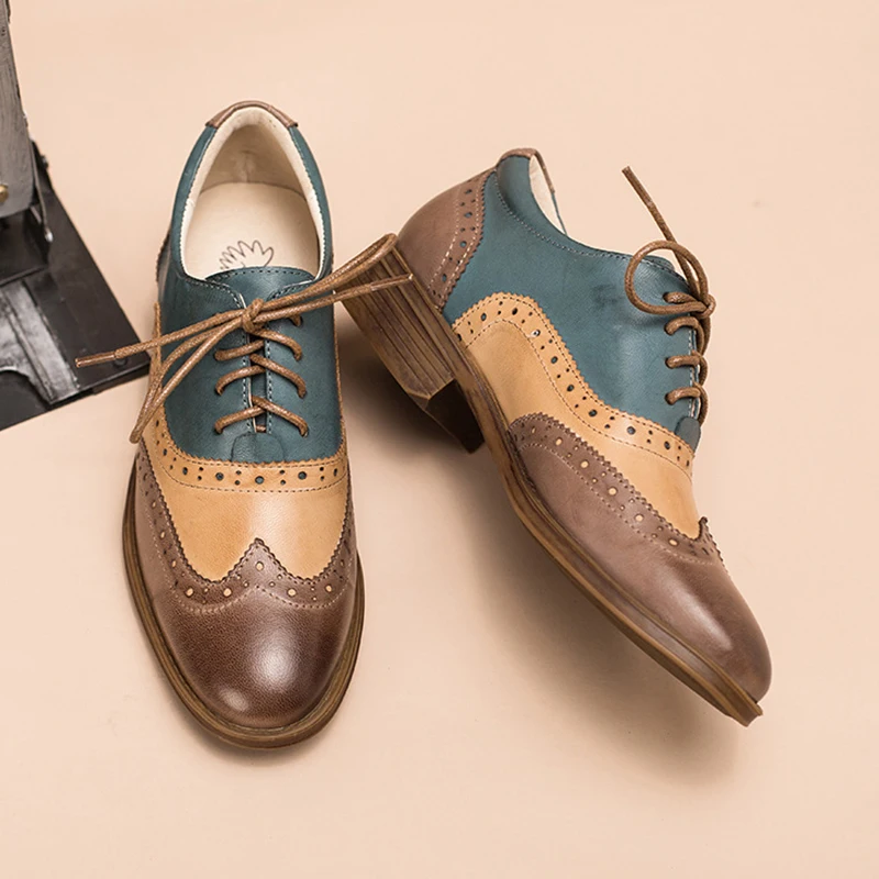 

Women's Sheepskin Leather Flat Casual Oxford Shoes Woman Block Lace Up Loafers Vintage Footwear