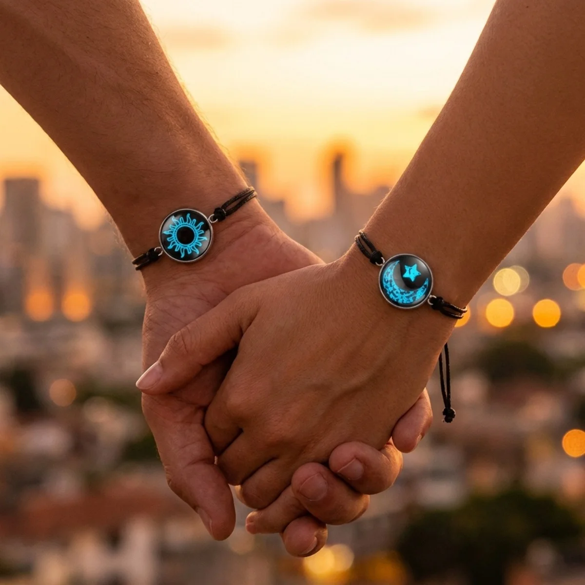 Bracelets lumineux à motif soleil et lune pour femmes et hommes, en verre rond, brillant dans le noir, tressé, bijoux pour la Saint-Valentin