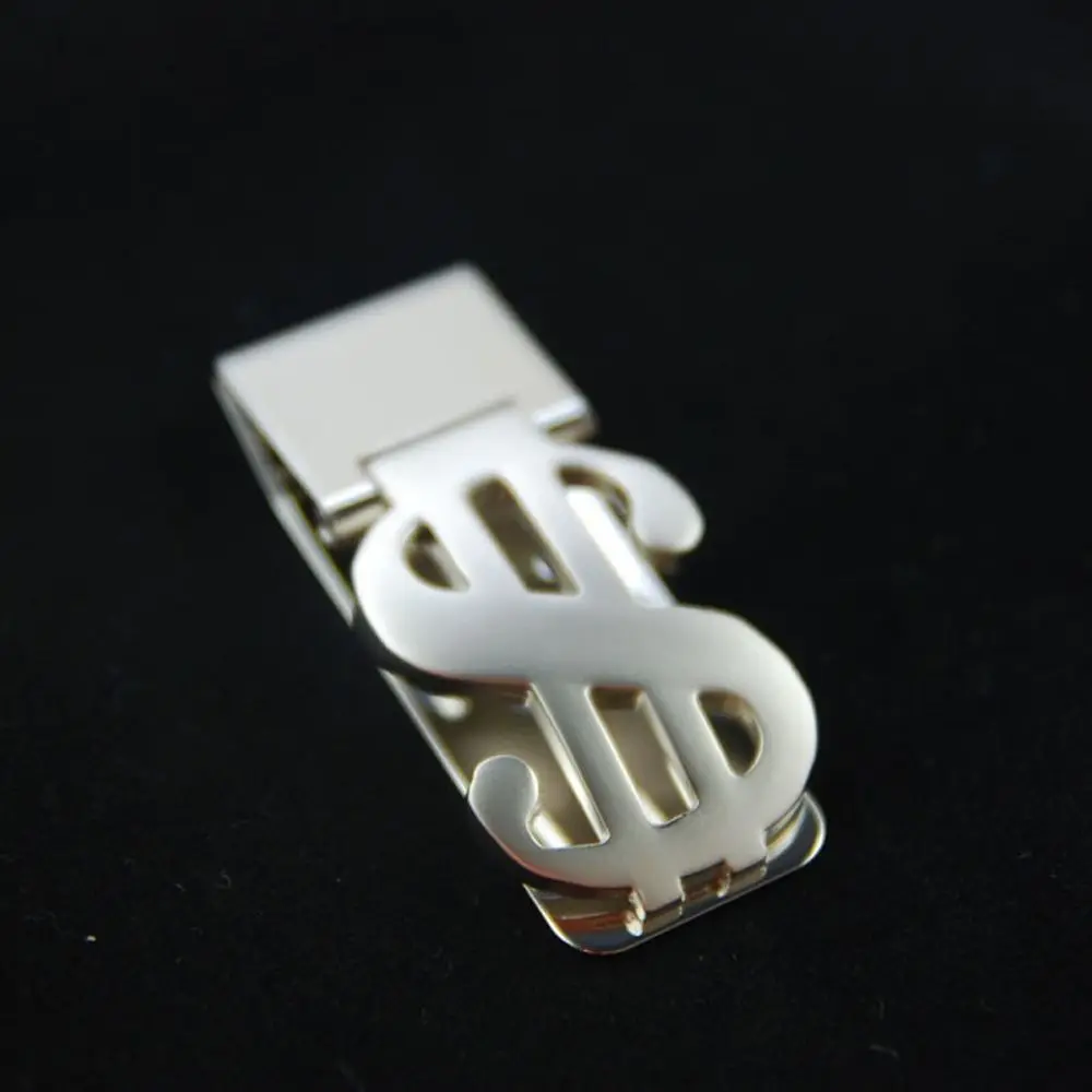 Porta carte d'identità di credito con fermasoldi tascabile sottile da uomo in tono argento con design a dollari