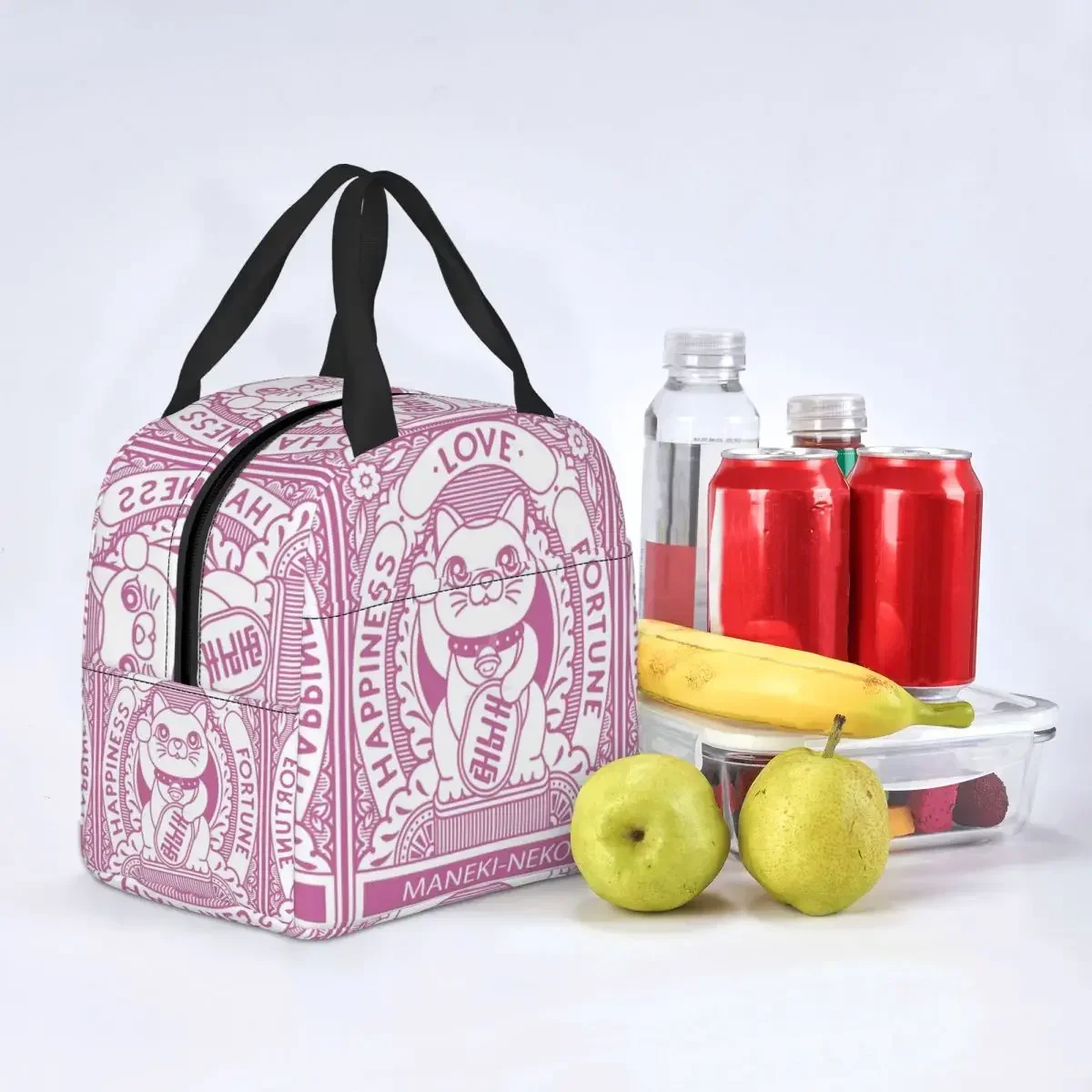 Maneki Neko Insulated Lunch Bag for Women Portable Lucky Fortune Cat Thermal Cooler Bento Box Beach Camping Travel