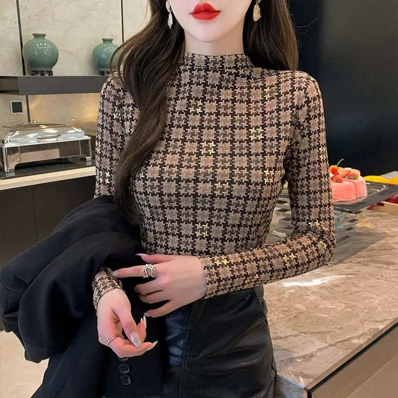 2022 autumn printing bottoming shirt long-sleeved T-shirt slim double-layer mesh fashion heavy industry bronzing small shirt