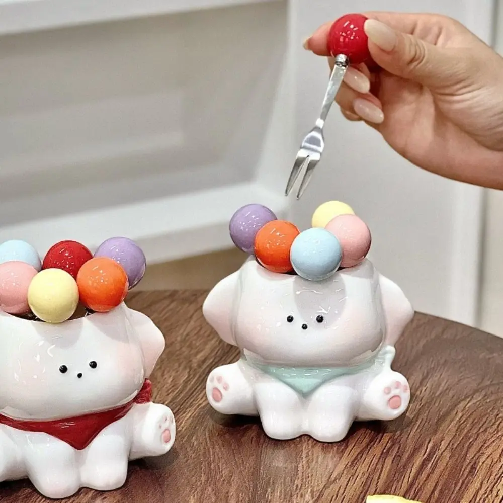 

Home Decoration Stainless Steel Dog Fruit Fork Set Cute Storage Jar Candy Fork Creative Puppy Fruit Stick Cake