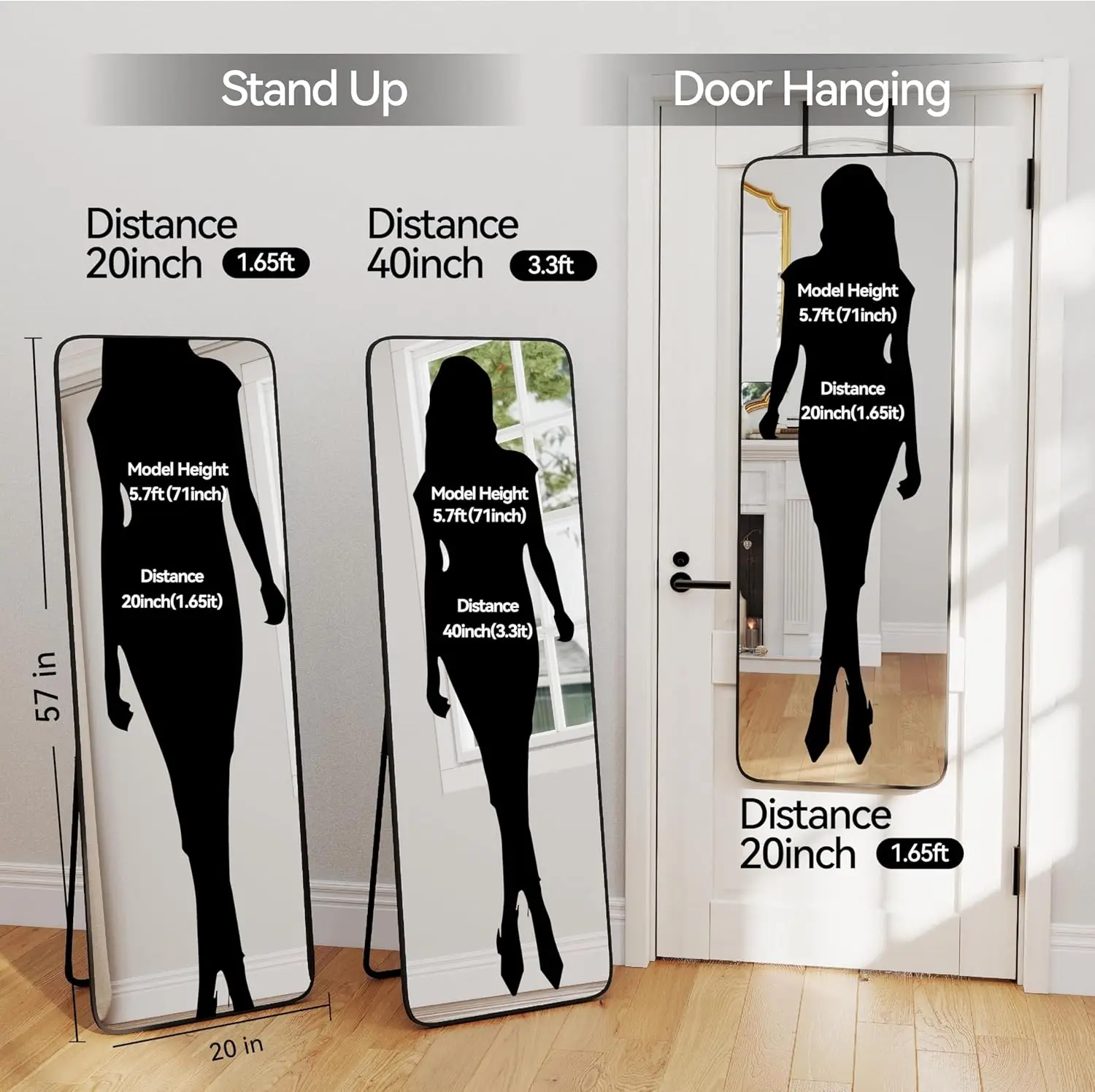 57 x 20 Zoll Ganzkörperspiegel mit Ständer, wandmontierter Metallrahmen für Schlafzimmer, Wohnzimmer, Schwarz