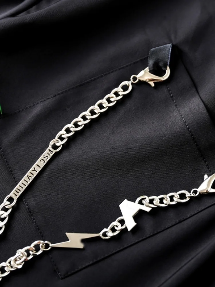 Punk Chain Unisex Black Shirt With Chain Loose Vintage Slant Placket Drape Long Sleeve Design Neutral Style Couple Top