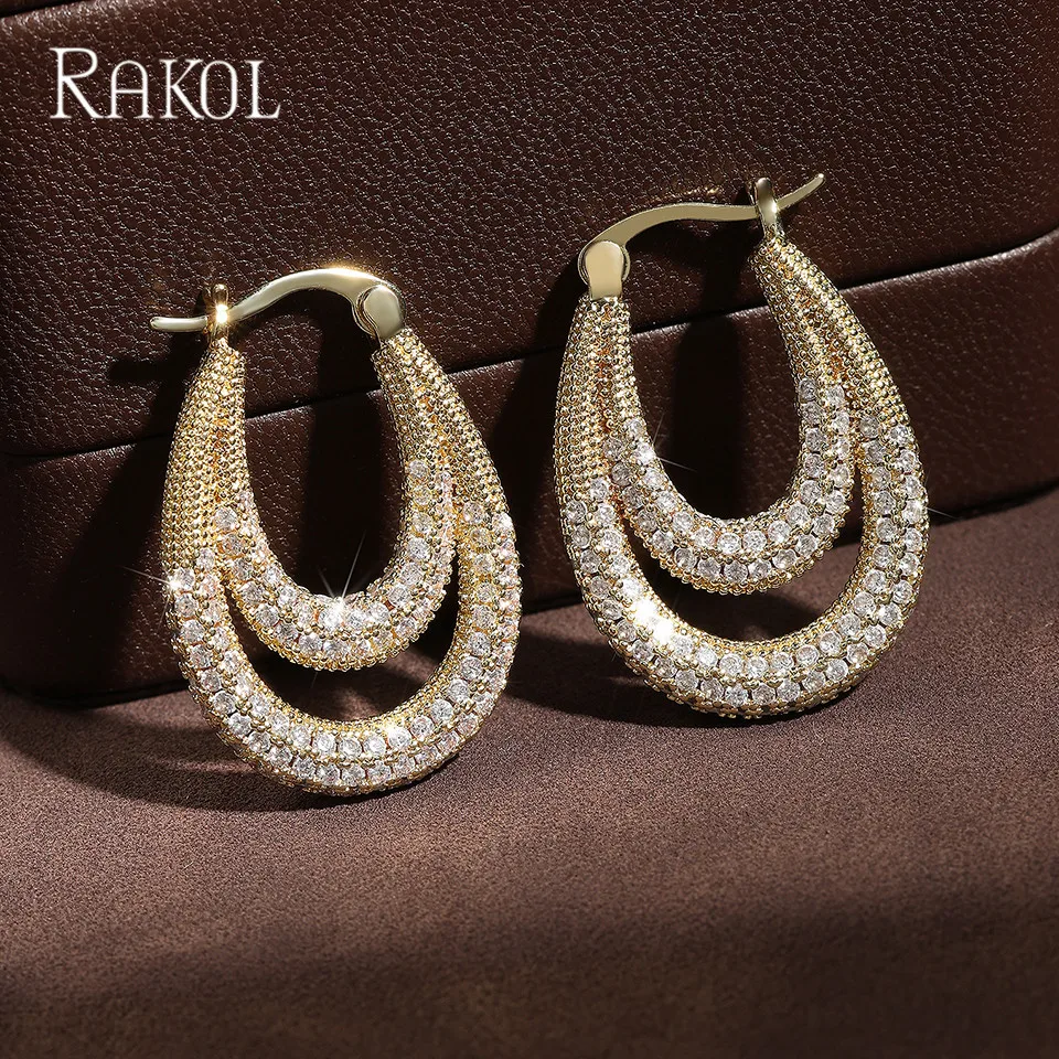 RAKOL Luxury Sparkling Micropaved Zirconia Drop Earrings For Women Elegant Cubic Zirconia Hoop Earrings Fashion Party Jewelry