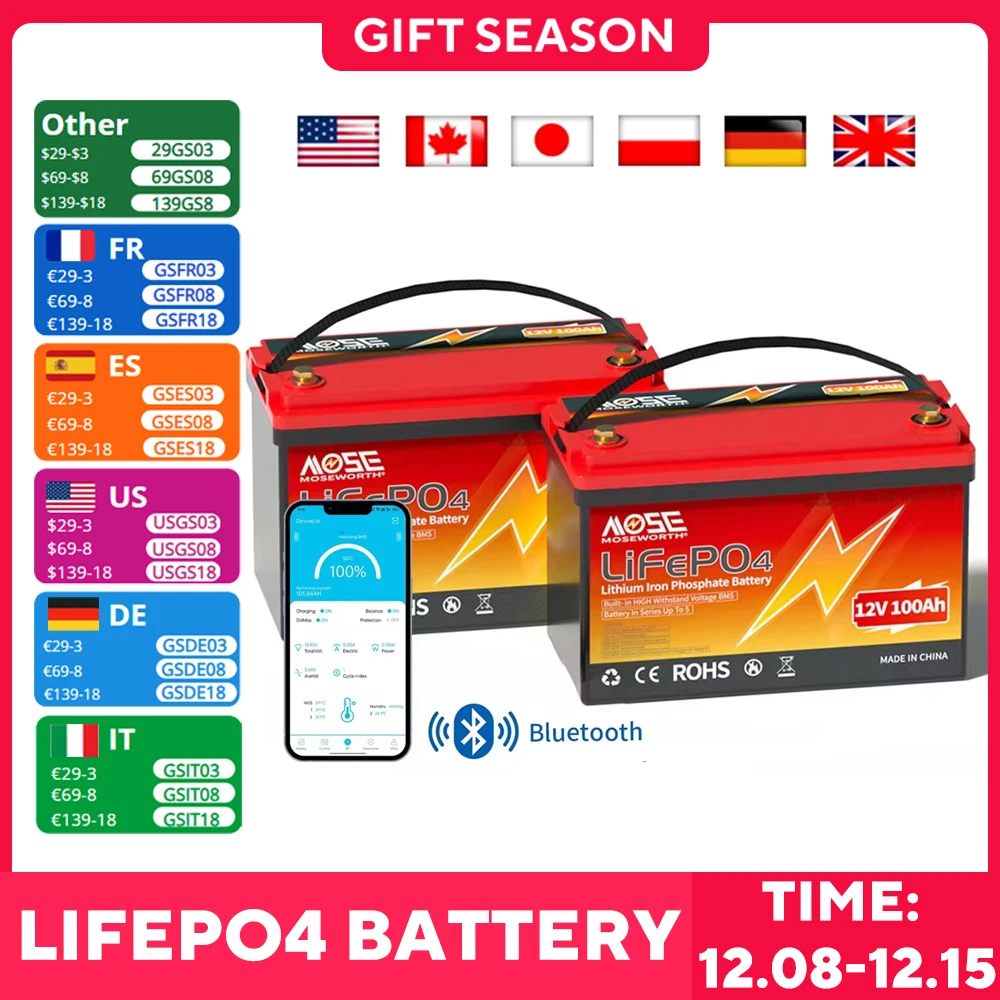 12V 100Ah LiFePO4 Battery Built in Bluetooth BMS Rechargeable Lithium Battery Deep Cycle Batteries Bateria for Solar Camper