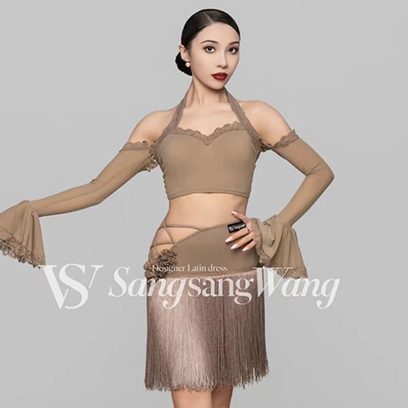 

New Latin Dance Clothes Women Halterneck Tops Tassel Skirt Khaki Color Practice Dresses Adult Rumba Samba Show Costume DNV19180