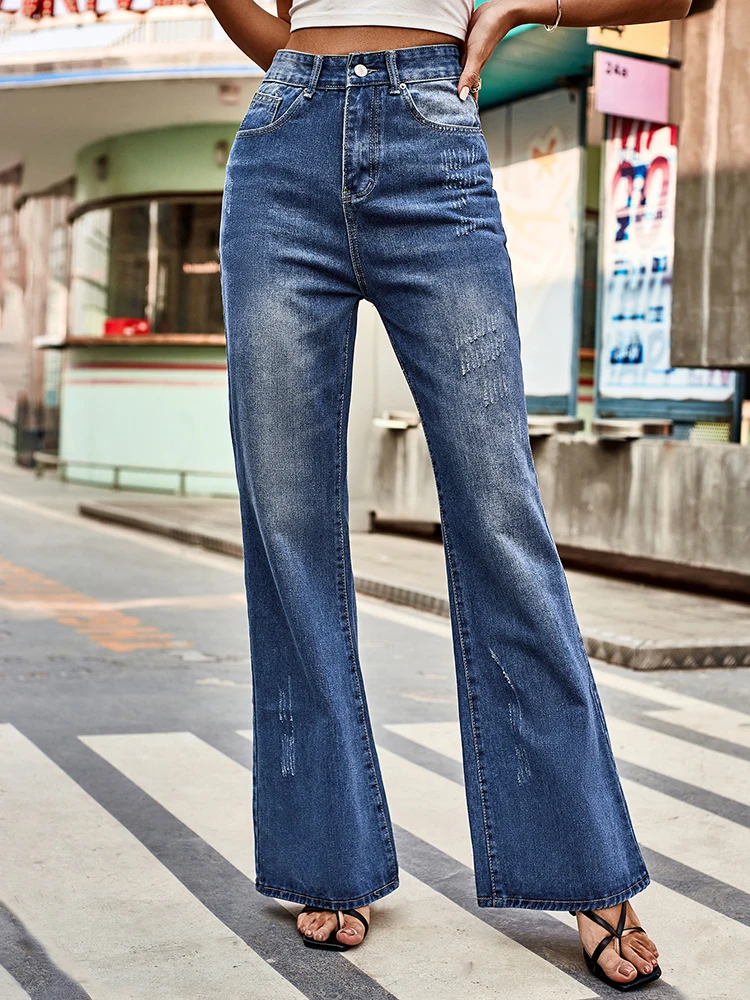 2024 New Versatile Mid-waist Washed Denim Trousers Casual Zipper Frayed Retro Design Bell Bottom Trousers For Women Clothing