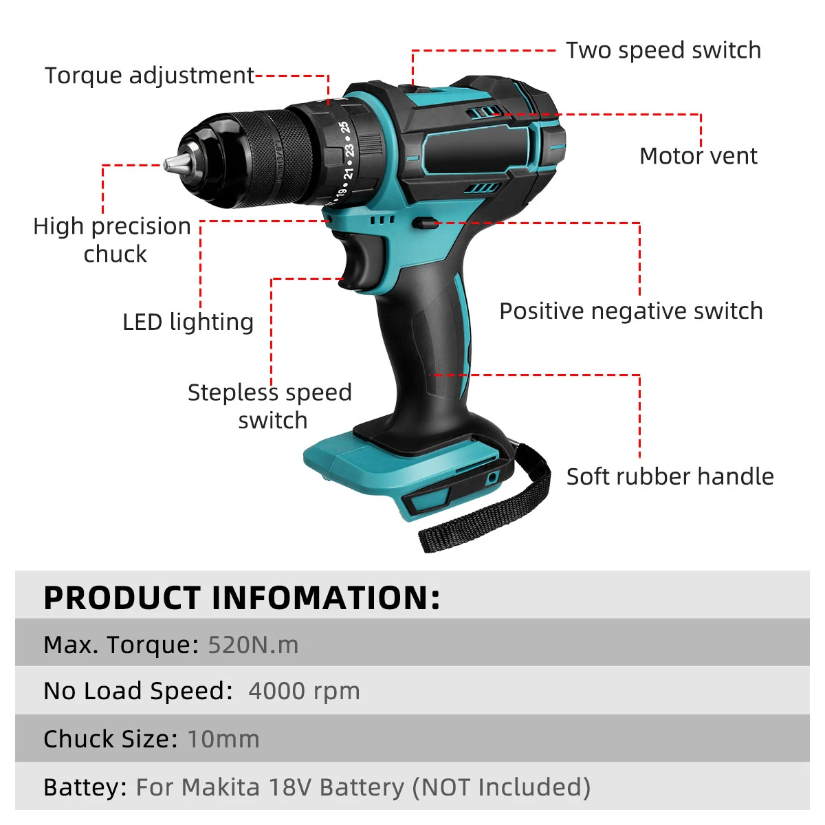 3 IN 1 4000rpm 520N.M Torque Electric Impact Drill 10mm 13mm Chuck Flat Drill Hammer Electric Screwdriver for Makita 18V Battery