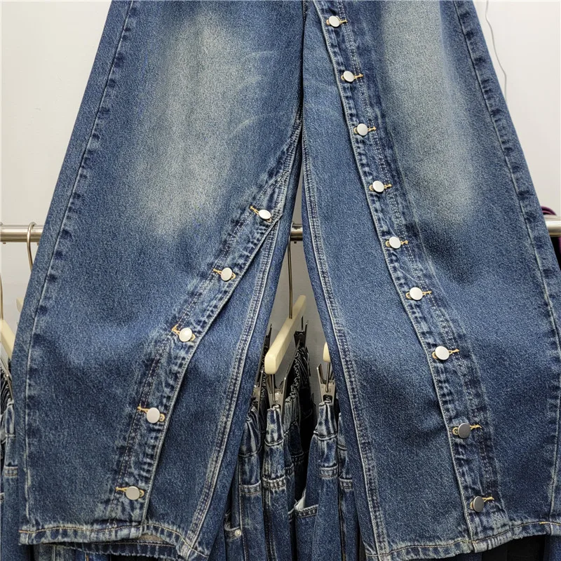 SuperAen American Style Design 2026 Autumn New High-Waisted Washed Double-Button Loose Denim Women Full Length Wide-leg Pants