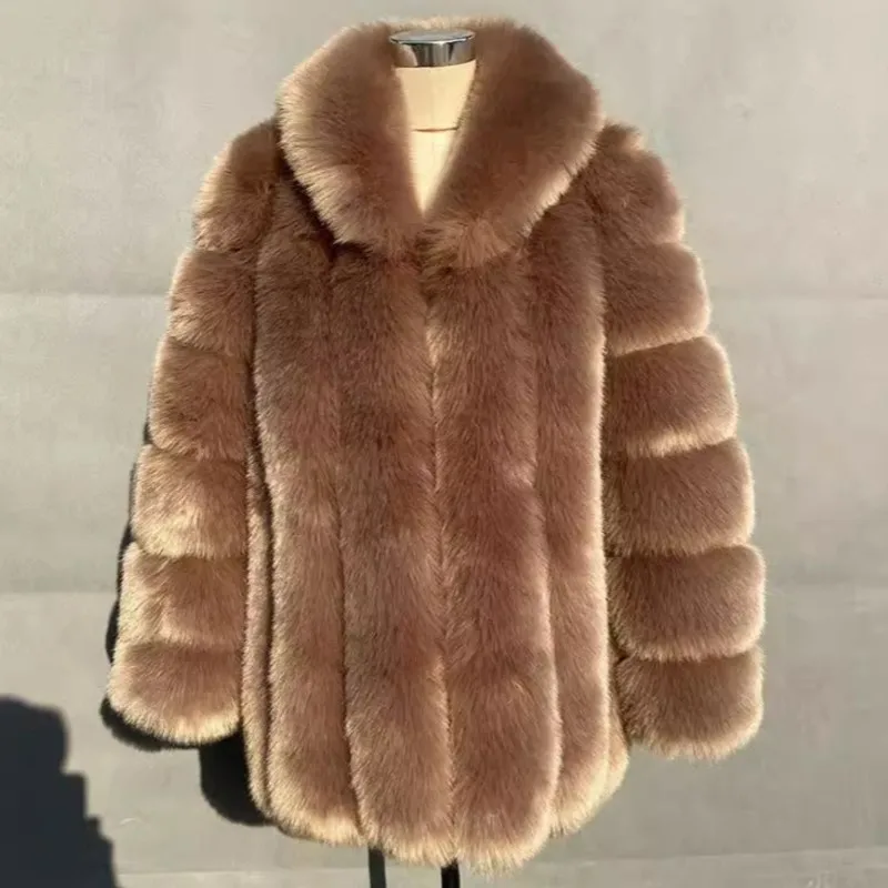 

2025 Winter Women's Mid-Length Faux Fox Fur Coat Plush Luxe Warm faux fur Trench Elegant Thermal Outerwear Faux Fur Tops