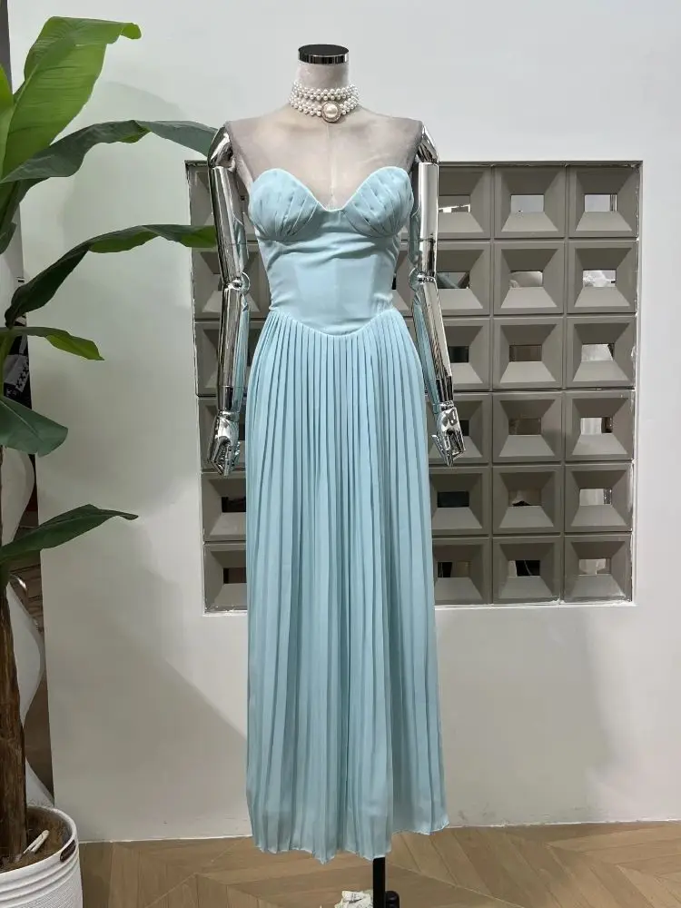 

New Trendy Off Shoulder Backless Pleated Blue Maxi Dress For Women Sexy Strapless Sleeveless Bodycon Elegant Birthday Dresses