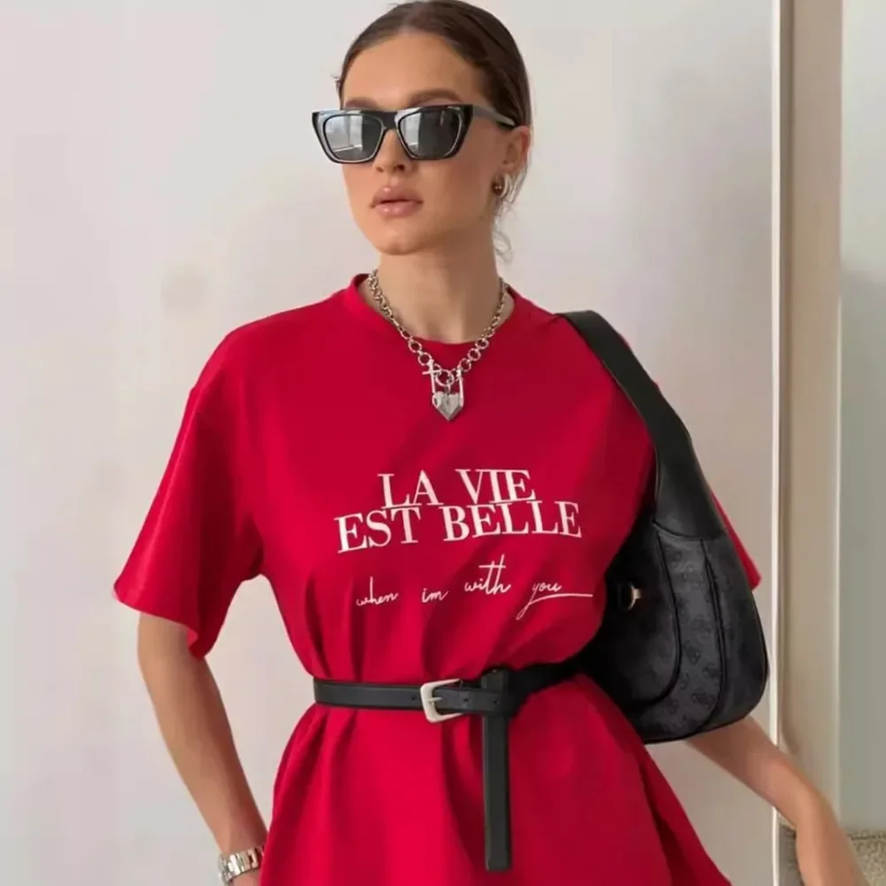 

American Y2K Temperament Casual Printed T shirt Summer Personality Female High end Red Internet Celebrity Short sleeved Tops