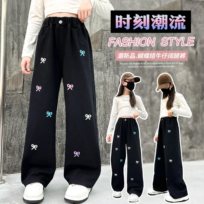 

Teen Girls Retro Black Embroidered Bow Embroidered wide-legged Trousers high waist straight tube show thin floor pants 5-14 Year