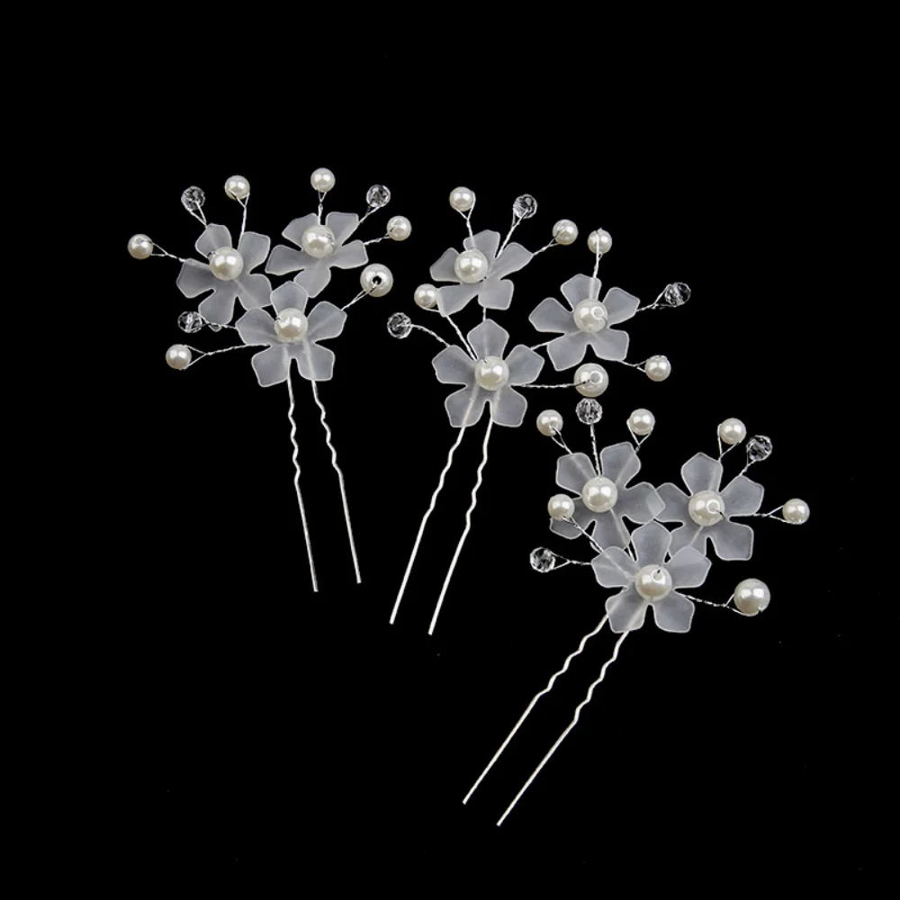 3-Pack Matte Petal Pearl Crystal Hair Pins, Forest Fairy Style, Suitable for Bridal Look / Daily Updos / Party Wear