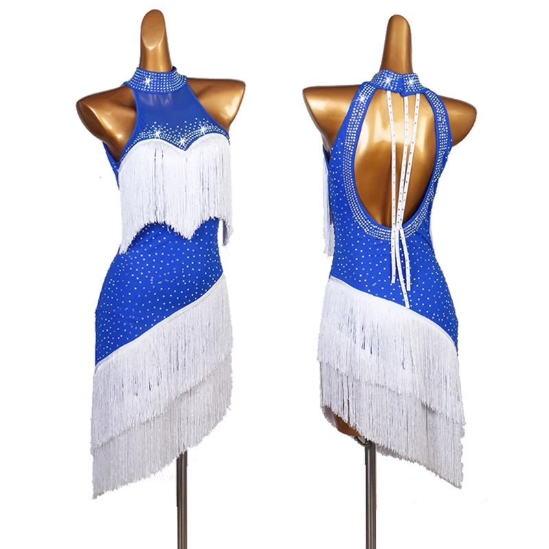 ラテンダンスパフォーマンス衣装女性ホワイトブルーフリンジドレスチャチャサンバサルサ競技衣装セクシーなラテンダンスウェア4267