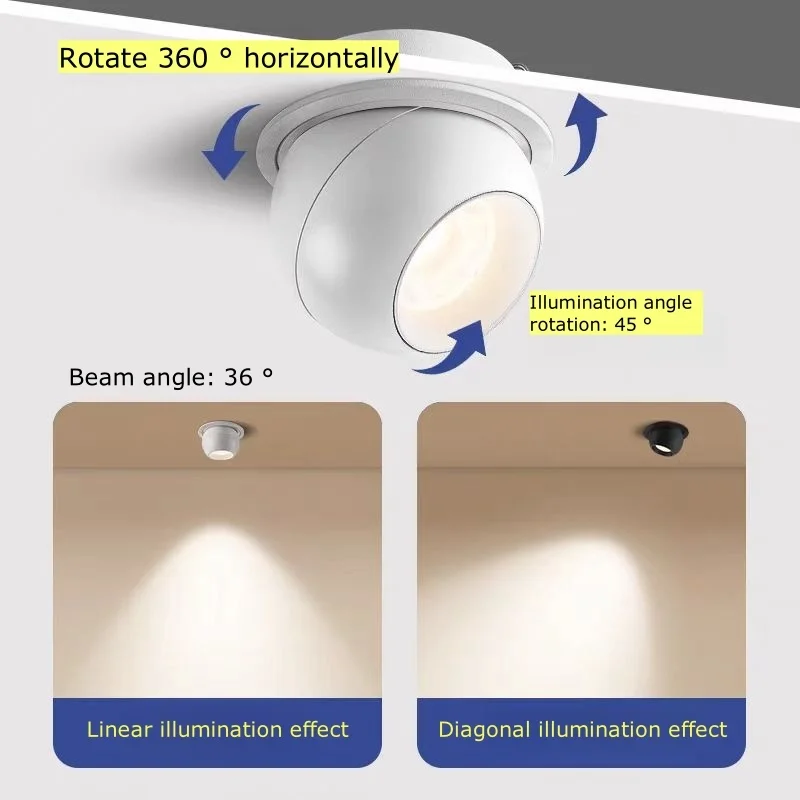 Rotondo 360 °   Ruota dimmerabile LED COB da incasso AC90V-220V Faretto da incasso 7W10W12W15W Faretto da soffitto Sfondo Soggiorno interno
