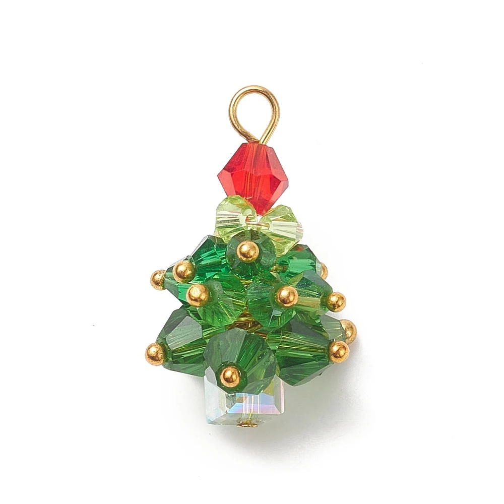 KitBeads 20pcs Handmade Glass Christmas Tree Charms Faceted Xmas Tree Green Pendants for Jewelry Making Bracelet Necklace Craft