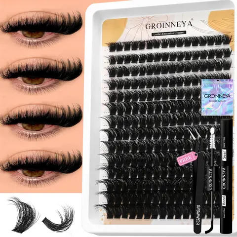 Groinneya kit de clusters de cílios com retenção forte à prova d'água, kit de extensão de cílios diy, ligação e vedação e pinça de cílios, maquiagem