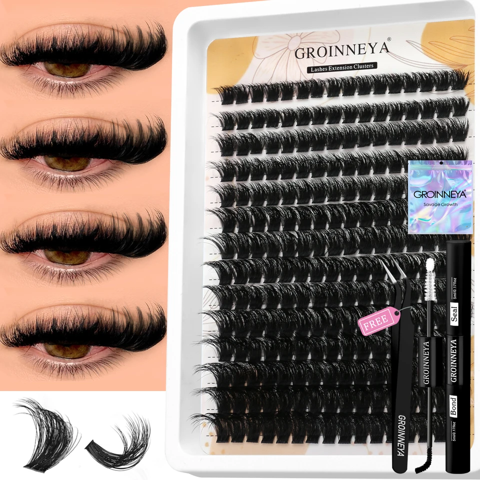 Kit de racimos de pestañas GROINNEYA con fijación fuerte resistente al agua, kit de extensiones de pestañas DIY con adhesivo y sellador y pinzas para pestañas