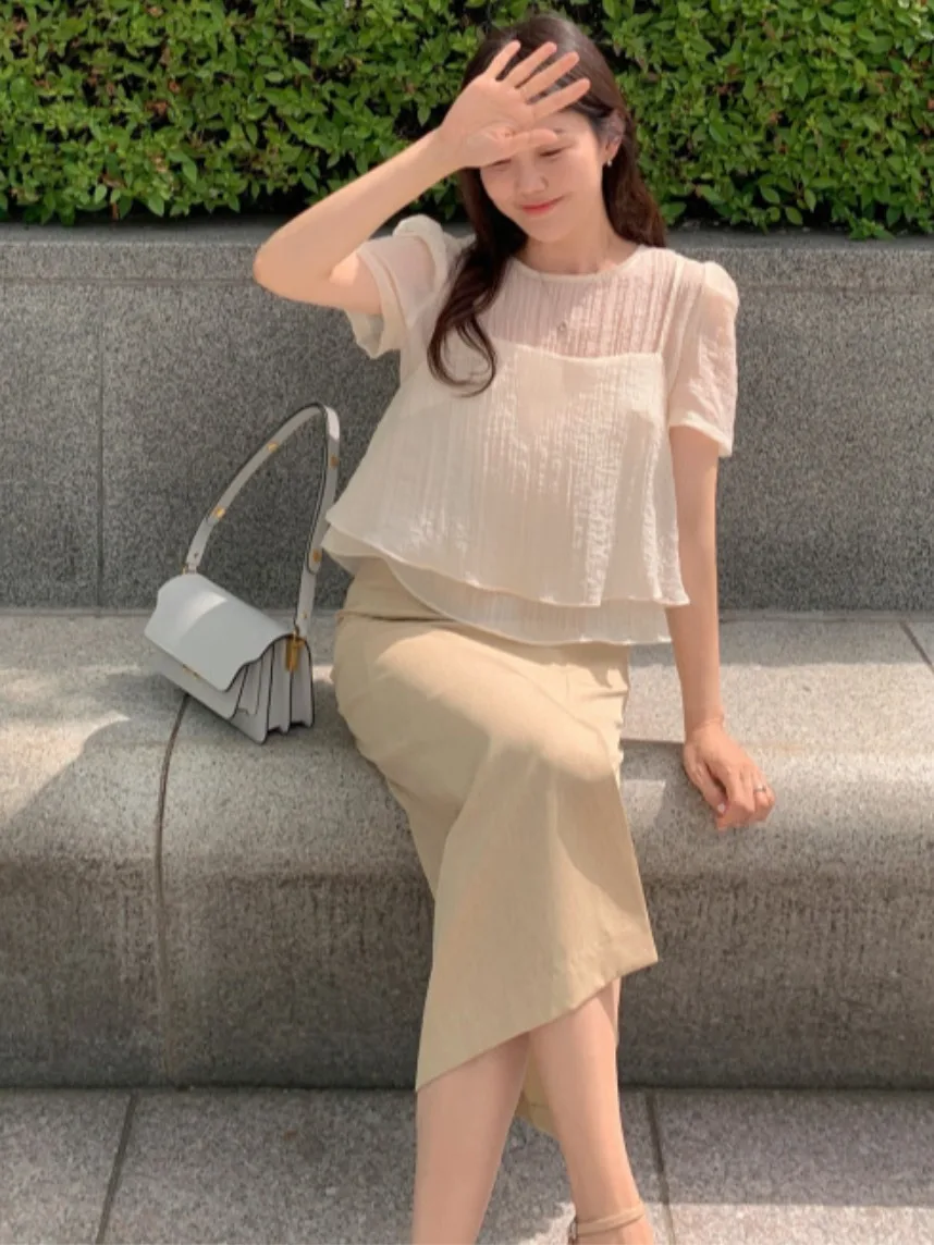 Soft Wind Chiffon Top Damen rund Ne Bubble Sve Texture Sensation Sommer Zweiteiliges Set Pendeln Sle ort Sve Inne...