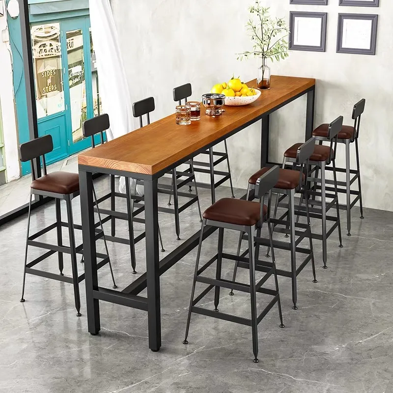 Retro European Style Solid Wood High-Top Commercial Bar Table Chairs Customizable Tabletop Colors Dimensions Rectangular Shape