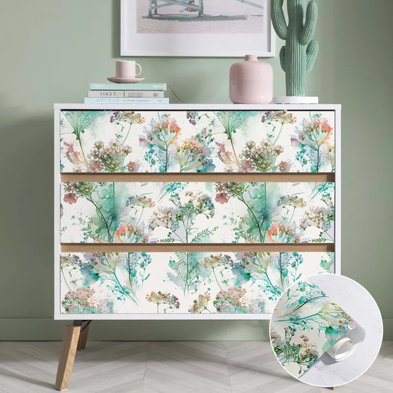 

Elegant Lake Blue Furniture Cabinet Stickers Chic Watercolor Floral PVC Peel And Stick Wallpaper Vintage Waterproof Room Decor