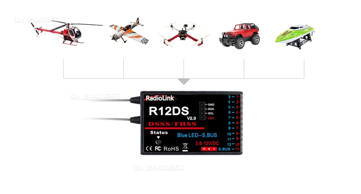 Radiolink R12DS 12-kanałowy odbiornik 2.4G 4000 metrów telemetria w czasie rzeczywistym 3.6-12V do samolotów RC, łodzi, robotów, multikopterów, szybowców