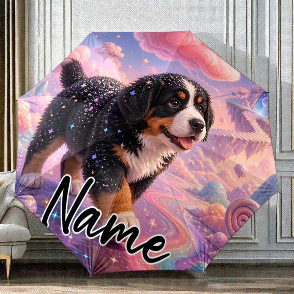 Custom Name Umbrella Sparkly Bernese Mountain Dog Puppy Pastel Sky 8 Iron Ribs Folding Umbrella Auto-Open Fashion Sunshade